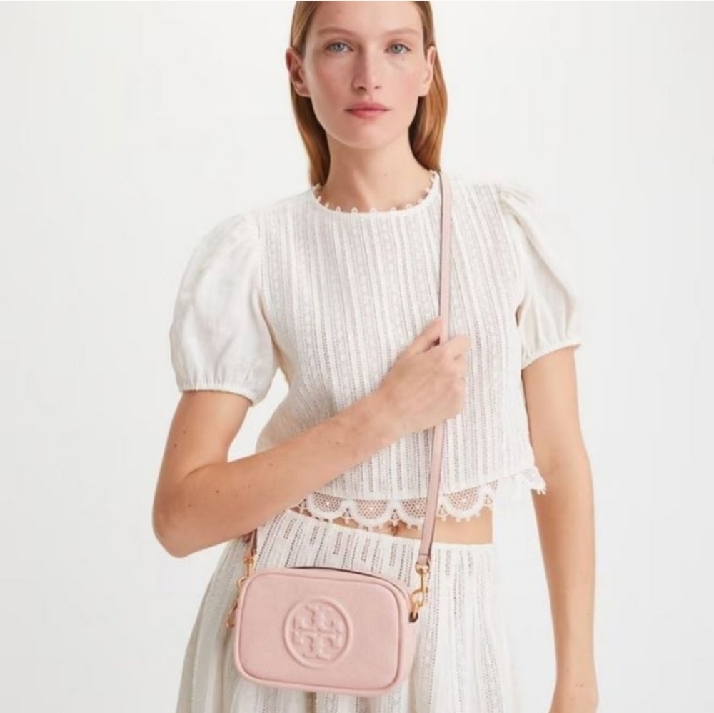 NWT Tory Burch Perry Bombe Mini Leather Crossbody Bag SHELL Pink Enbossed Logo